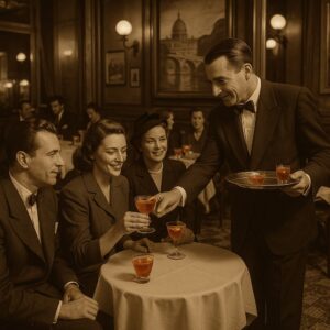 Scena in stile Roma anni ’50 con persone eleganti sedute a un tavolo, servite da un cameriere che porge cocktail Cardinale.