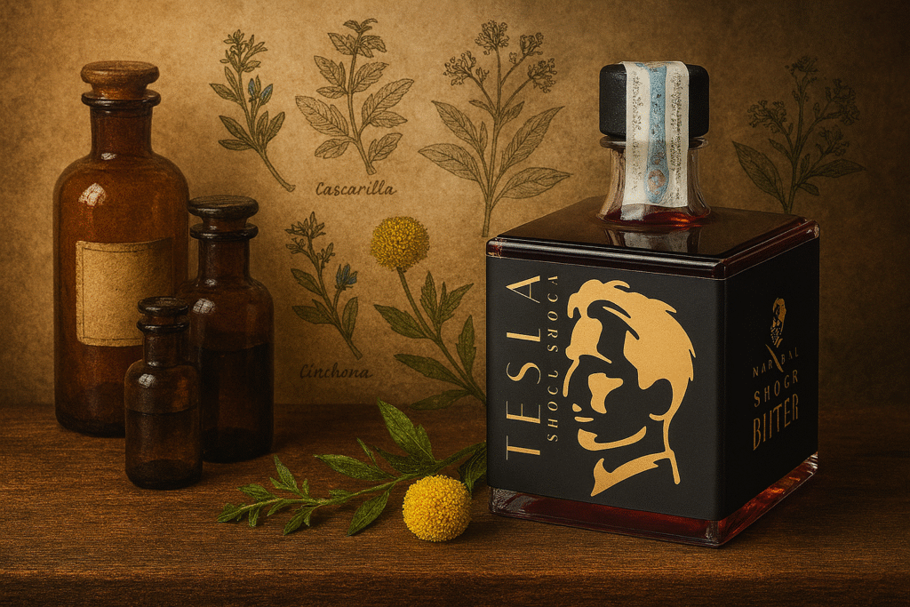 Bottiglia cubica di Tesla Bitter in uno still-life vintage su tavolo di legno, affiancata da bottiglie da farmacia e illustrazioni botaniche: un omaggio visivo alla storia del bitter.