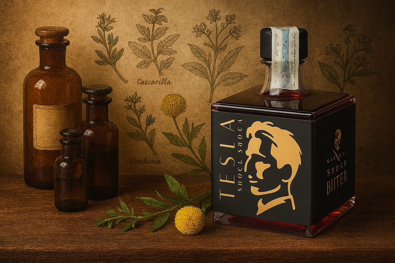 Bottiglia cubica di Tesla Bitter in uno still-life vintage su tavolo di legno, affiancata da bottiglie da farmacia e illustrazioni botaniche: un omaggio visivo alla storia del bitter.