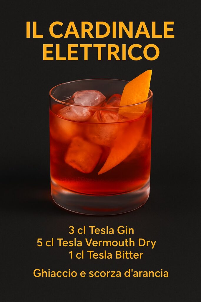 Cocktail Cardinale Elettrico preparato con Tesla Gin, Tesla Vermouth e Tesla Bitter, guarnito con scorza d’arancia.