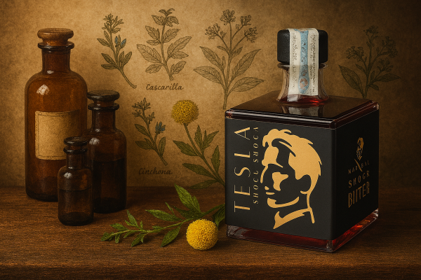 Bottiglia cubica di Tesla Bitter in uno still-life vintage su tavolo di legno, affiancata da bottiglie da farmacia e illustrazioni botaniche: un omaggio visivo alla storia del bitter.