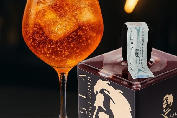 Spritz elettrico con Tesla Bitter in calice balloon su bancone scuro, bottiglia in primo piano e neon a fulmine sullo sfondo – cocktail aperitivo Tesla Bitter